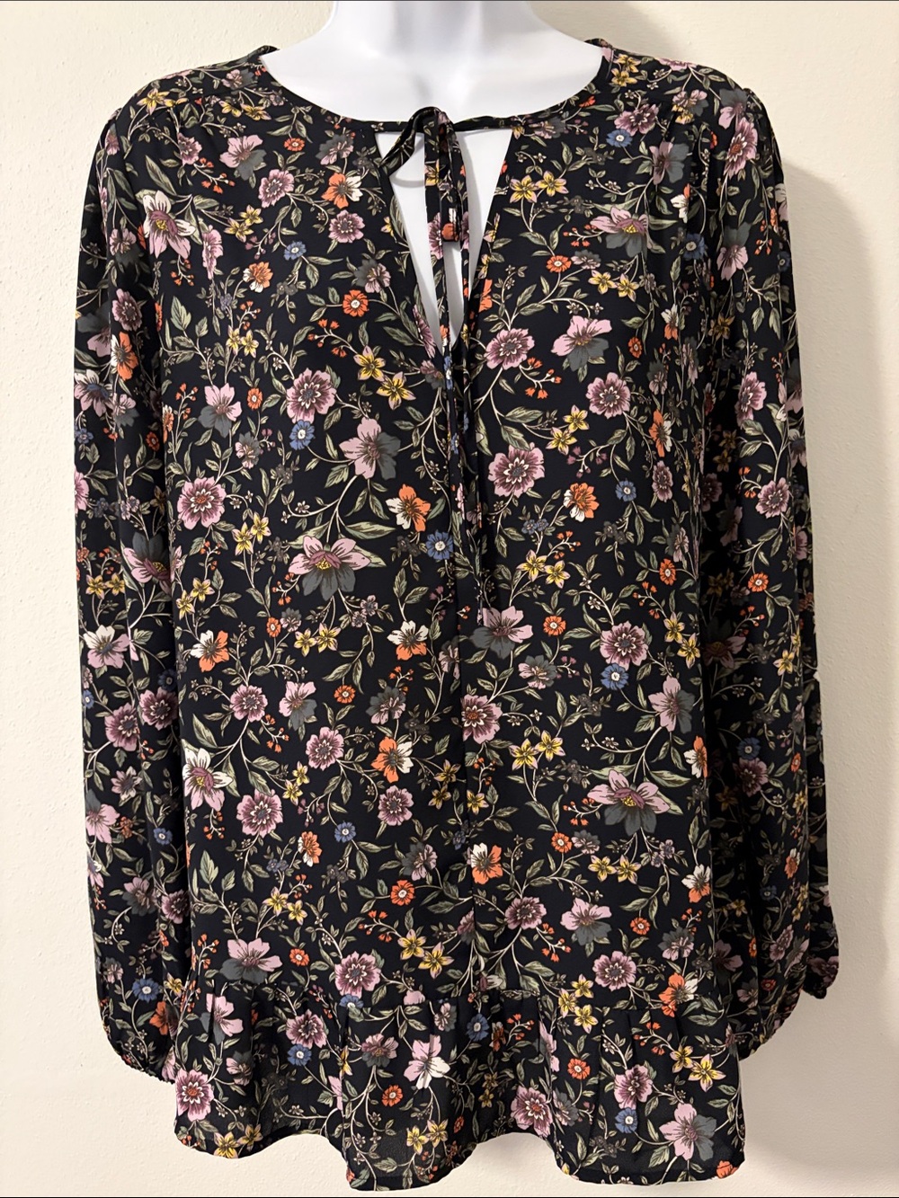 LOFT Black Floral Tie-Neck Long Sleeve Blouse